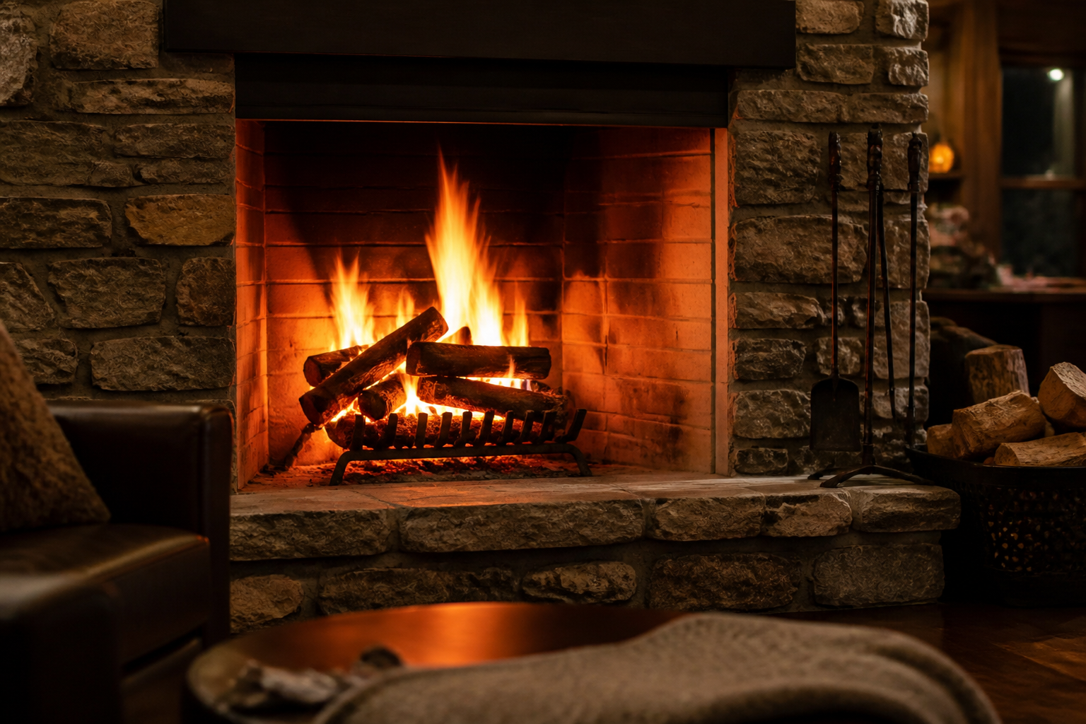 Hardwood burning in a fireplace