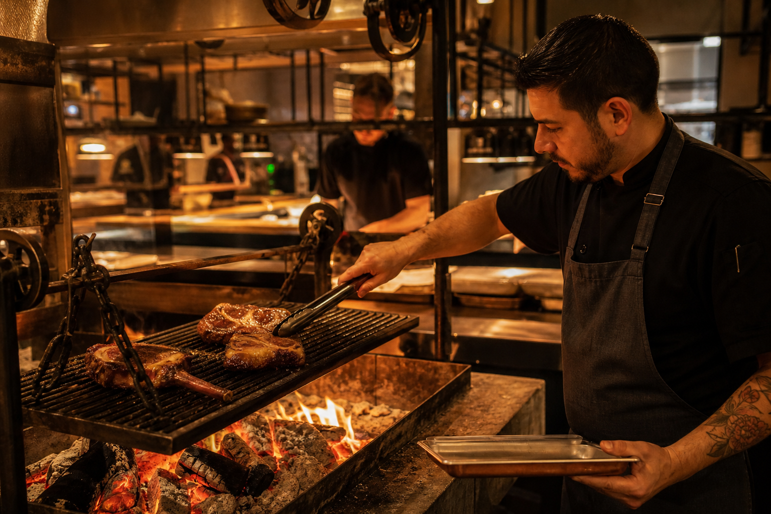 Restaurant kitchen grill with charcoal